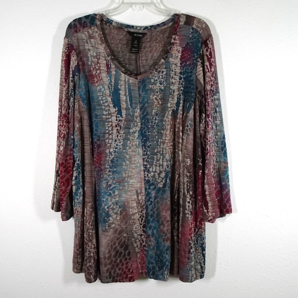 Ali Miles Multicolor V-Neck Tunic with Teal and Burgundy Pattern